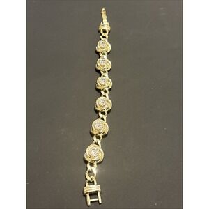Gold Tone Swirl Link Bracelet Clear Rhinestone Circular Spiral Motif 8"